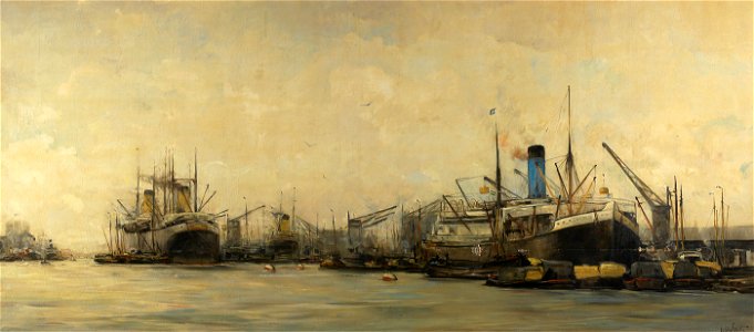 SA 1308-Gezicht op de IJhaven en de Javakade naar het westen, met een “blauwpijper” van de Nederlandsche Stoomvaart Maatschappij Oceaan-Havengezicht het IJ ten zuiden v-d Handelskade