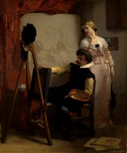 SA 1598-Een schilder voor zijn ezel toont een schilderij aan een meisje-Een schilder voor zijnen ezel zittende, laat aan een jeugdig meisje dat achter hem staat, eene schilderij zien