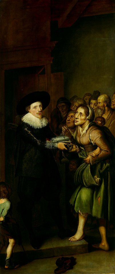 SA 1757-Een aalmoezenier deelt kleding uit-Uitdeling van kleren door het Aalmoezeniershuis