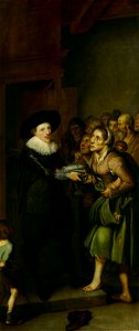 SA 1757-Een aalmoezenier deelt kleding uit-Uitdeling van kleren door het Aalmoezeniershuis