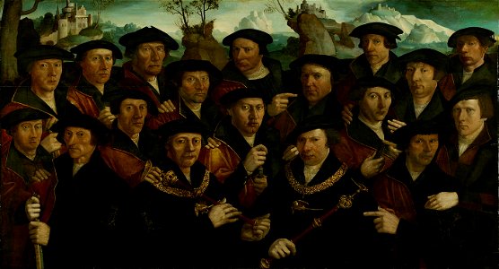 SA 7300-Rot van de kloveniers met twee schutterskoningen-Schuttersstuk met achttien figuren