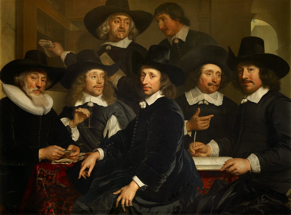 SA 2443-De regenten van het Oudezijds Huiszittenhuis-Zes regenten en de binnenvader van het Oudezijds Huiszittenhuis-Zes regenten en een bode