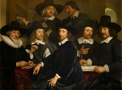 SA 2443-De regenten van het Oudezijds Huiszittenhuis-Zes regenten en de binnenvader van het Oudezijds Huiszittenhuis-Zes regenten en een bode