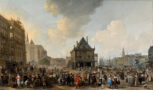 SA 3044-De Dam, gezien naar het Noorden, met het Stadhuis in aanbouw-De Dam, met vismarkt