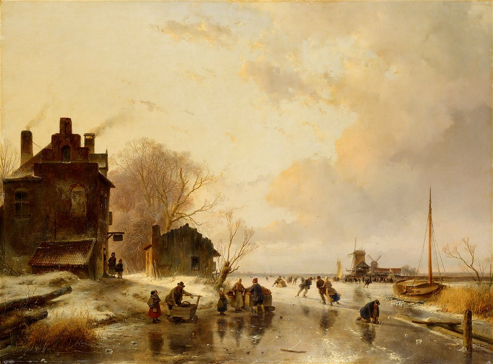 SA 1895-Een boerenherberg en een schuur aan een bevroren rivier-Een boerenherberg en eene schuur aan eene bevrozen rivier, rijk gestoffeerd met ijssleden en schaatsenrijders