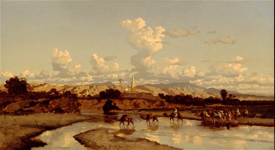 SA 2646-In een oosters landschap trekt een karavaan door een rivier-In een Oostersch landschap tegen den avond, trekt eene karavaan door eene rivier