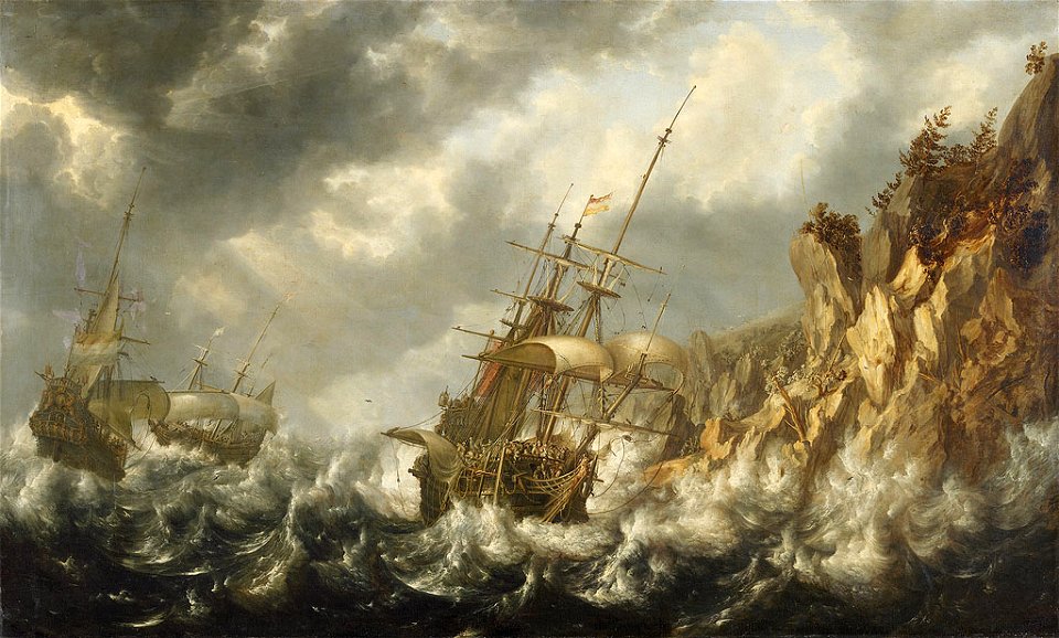 SA 7432-Schepen in nood-Schipbreuk; allegorie op de oorsprong der armoede-Woelende zee gestoffeerd met schepen, bij de kust