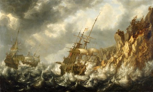SA 7432-Schepen in nood-Schipbreuk; allegorie op de oorsprong der armoede-Woelende zee gestoffeerd met schepen, bij de kust
