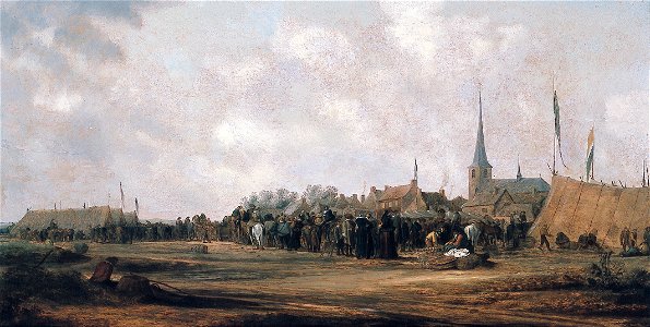 S.J. van Ruysdael - Paardenmarkt te Valkenburg (Zuid-Holland) - B 573 - Museum De Lakenhal. Free illustration for personal and commercial use.