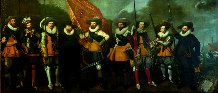 SA 7361-Schutters van het vendel van kapitein Abraham Boom en luitenant Oetgens van Waveren-Kapitein Abraham Boom en luitenant Antonie Oetgens van Waveren met zeven schutters van het vendel dat in 1622 naar Zwolle trok