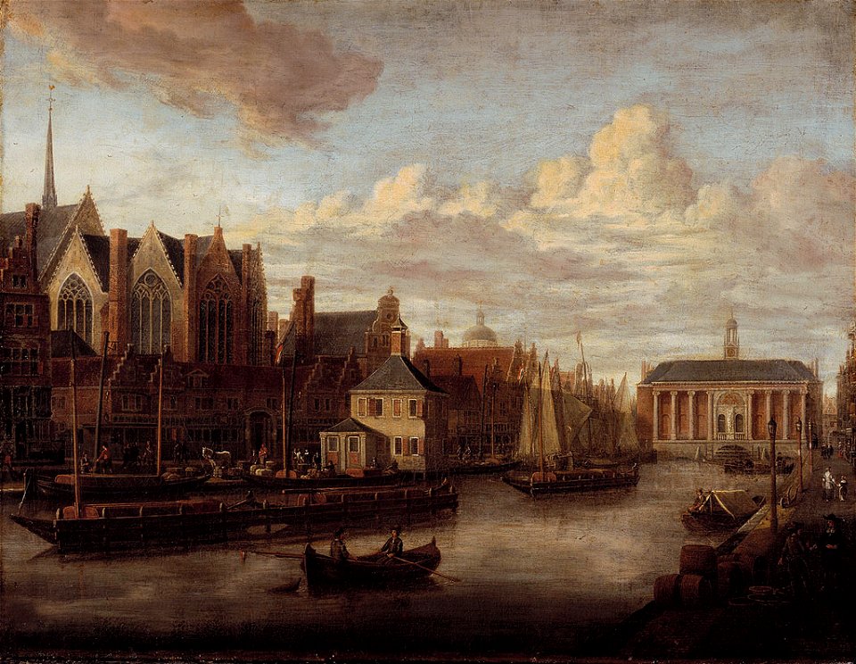 SA 1759-Het Rokin met de Beurs-Het Rokin naar het noorden gezien met de Nieuwezijds Kapel en de Beurs na de verbouwing van 1668-Gezicht op het Rokin met de beurs van Hendrick de Keyser op de achtergrond