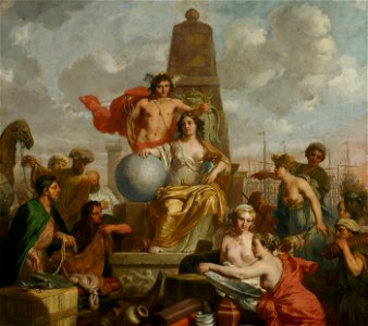 SA 34496-De Stedenmaagd van Amsterdam-De Stedenmaagd van Amsterdam, de hulde ontvangend van verschillende volken-Allegorie op de welvaart van Amsterdam