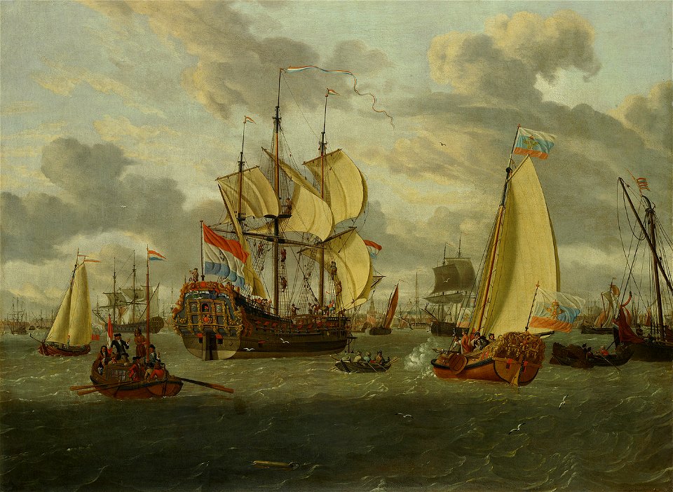 SA 8251-Czaar Peter de Grote aan boord van zijn jacht op weg naar de Pieter en Paul-Het fregat Pieter en Paul op het IJ