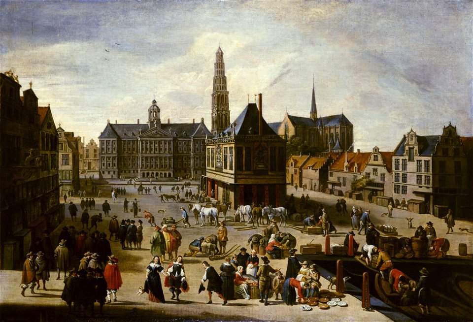 SA 9722-De Dam-De Dam met het Stadhuis, de Waag, de Nieuwe Kerk met toren en Damrak, kopie naar prent van Jacobus van der Ulft