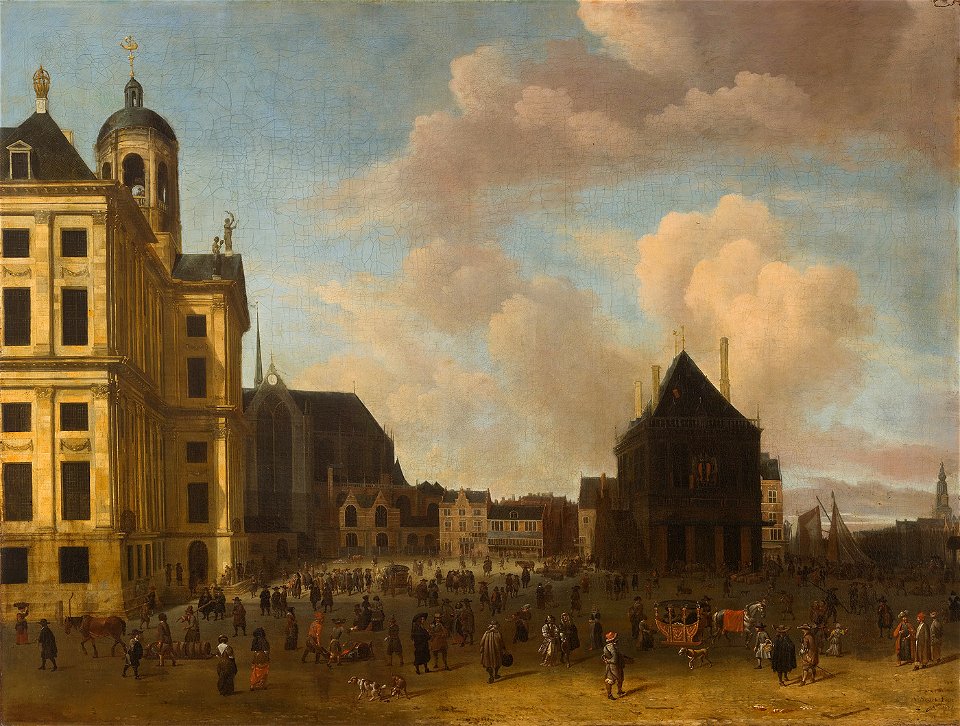 SA 1755-De Dam-De Dam naar het noorden gezien met het Stadhuis, de Nieuwe Kerk, de Waag en de Zeevismarkt