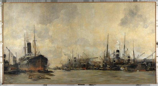 SA 621-Gezicht op de Ertshaven en de Levantkade naar het westen, met schepen van de Koninklijke Nederlandsche Stoomboot Maatschappij-Havengezicht in Amsterdam