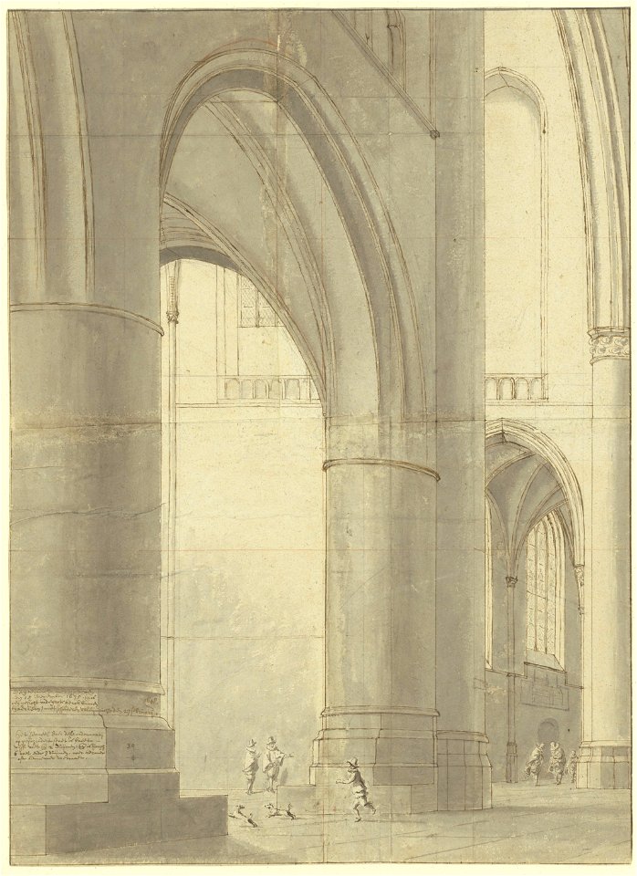 Saenredam - Grote Kerk of Sint-Bavokerk, gezicht vanuit het laagkoor op het zuidertransept en zuidbeuk, 1635, NL-HlmNHA 53001726 recto