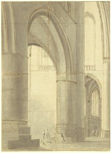 Saenredam - Grote Kerk of Sint-Bavokerk, gezicht vanuit het laagkoor op het zuidertransept en zuidbeuk, 1635, NL-HlmNHA 53001726 recto