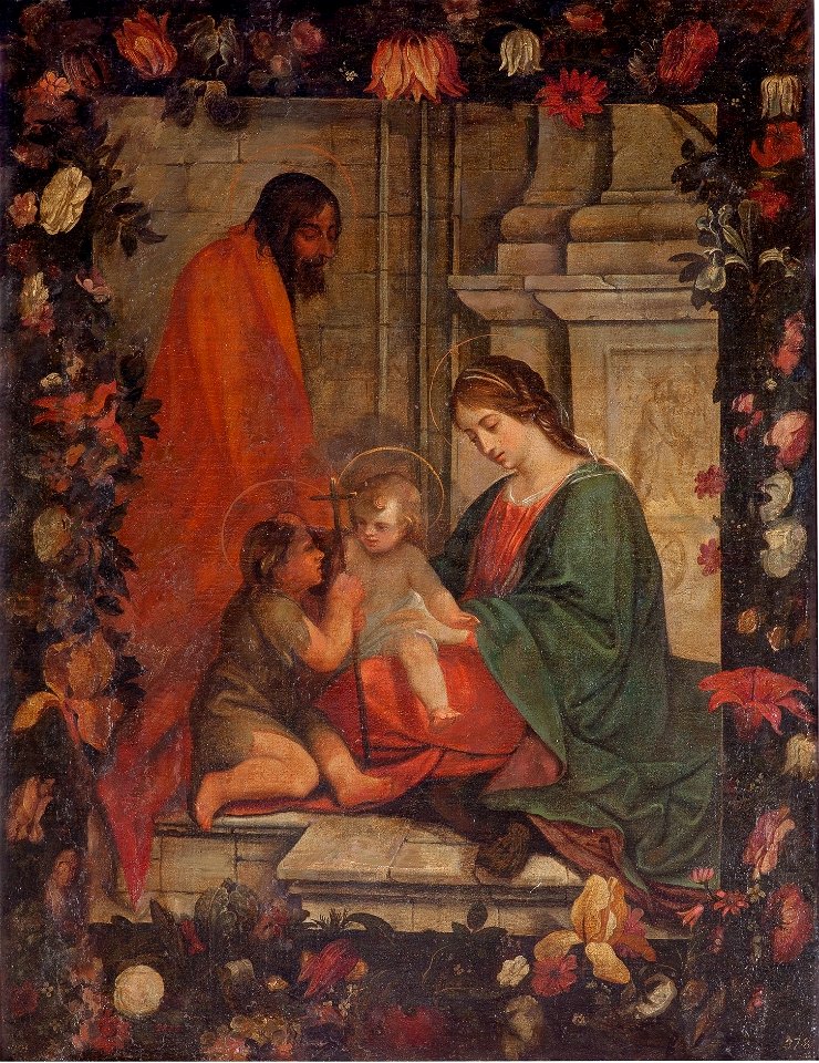 Sagrada Familia con San Juanito en una orla de flores (Museo del Prado)