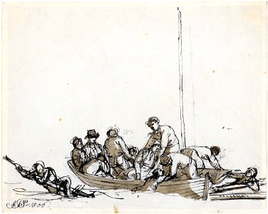 Sailors in a boat rescuing survivors RMG PW5869