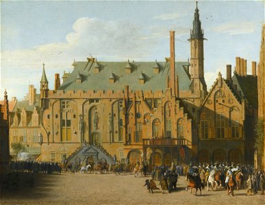 Town Hall at Haarlem with the Entry of Prince Maurits by Pieter Jansz. Saenredam. Free illustration for personal and commercial use.
