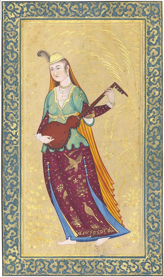 Safavid-style portrait, female musician plays a tar