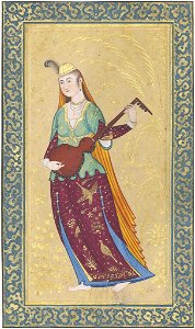 Safavid-style portrait, female musician plays a tar. Free illustration for personal and commercial use.