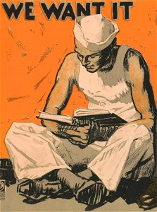Sailor with book and WE WANT IT from Hey fellows! Your money brings the book we need when we want it American Library Association, United War Work Campaign, Week of November 11, 1918 - - Sheridan. LCCN2002722568 (cropped)