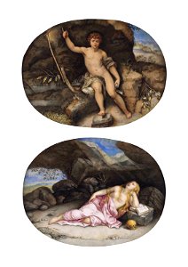 Saint John the Baptist in the Wilderness, after Raphael; and Mary Magdalen in the Desert, after Orazio Gentileschi - Giovanna Garzoni. Free illustration for personal and commercial use.