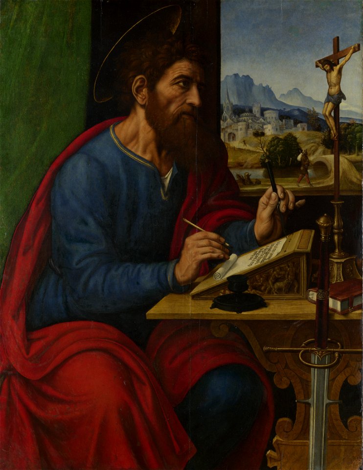 Saint Paul Writing, 1520s, Pier Francesco Sacchi. Free illustration for personal and commercial use.