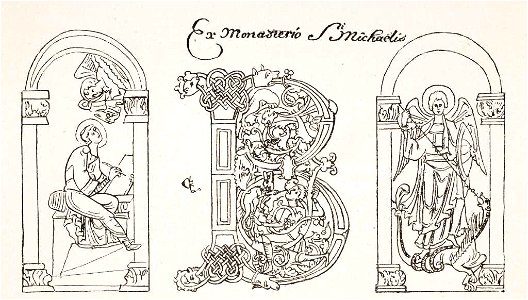 Saint Augustin écrivant sous la dictée d’un ange, lettre B historiée et saint Michel terrassant le dragon