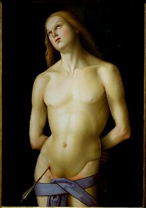 Saint Sebastian by the Master of the Greenville Tondo, Italian, c. 1500-1510, oil on wood panel transferred to canvas - Princeton University Art Museum - DSC06635