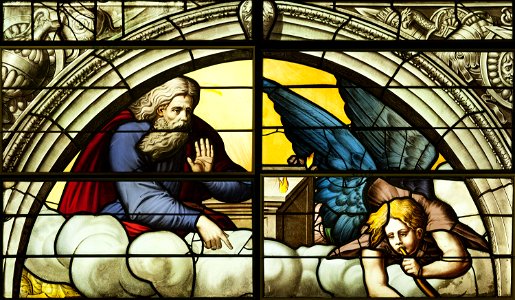 Saint-Chapelle de Vincennes - Baie 0 - Les anges exterminateurs, détail de Dieu et de l'ange (bgw17 0371)