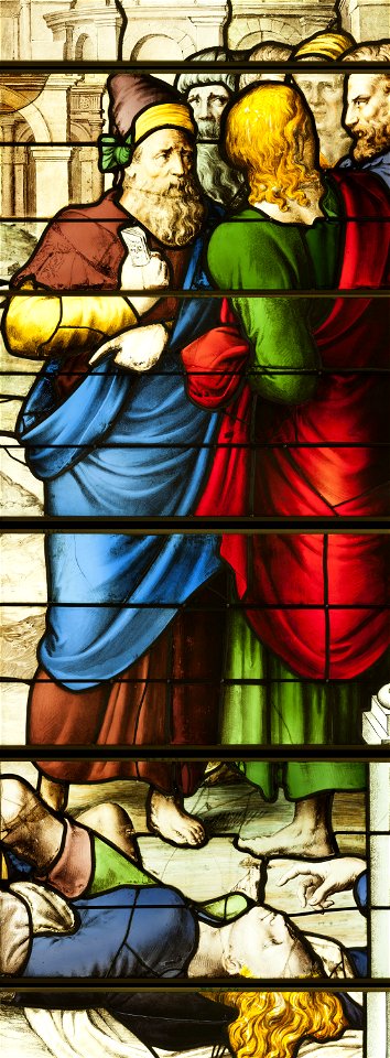 Saint-Chapelle de Vincennes - Baie 3 - Les deux témoins, détail des hommes discutant et de la femme au sol (bgw17 0821)