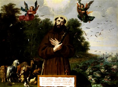 Saint Francis preaches to the animals. Free illustration for personal and commercial use.