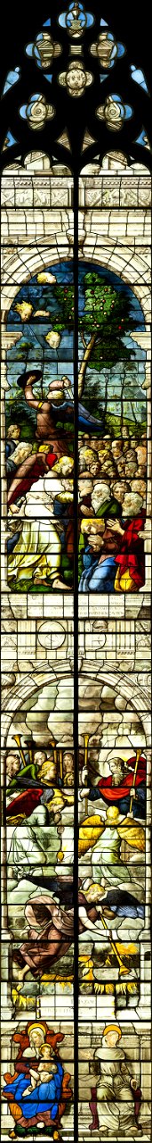 Saint-Chapelle de Vincennes - Baie 4 - Les anges marquant au front les serviteurs de Dieu, Les sept trompettes données aux anges, Vierge à l'Enfant et saint François d'Assise (Bgw17 0497)