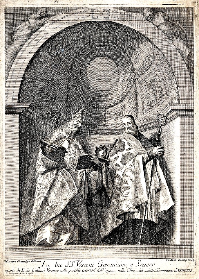 Saint Geminianus and Saint Severus. Etching by A. Zucchi after S. Manaigo after P. Veronese