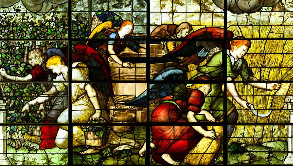 Saint-Chapelle de Vincennes - Baie 6 - Vendanges et moissons faites par les anges, détail des anges (bgw17 0685)