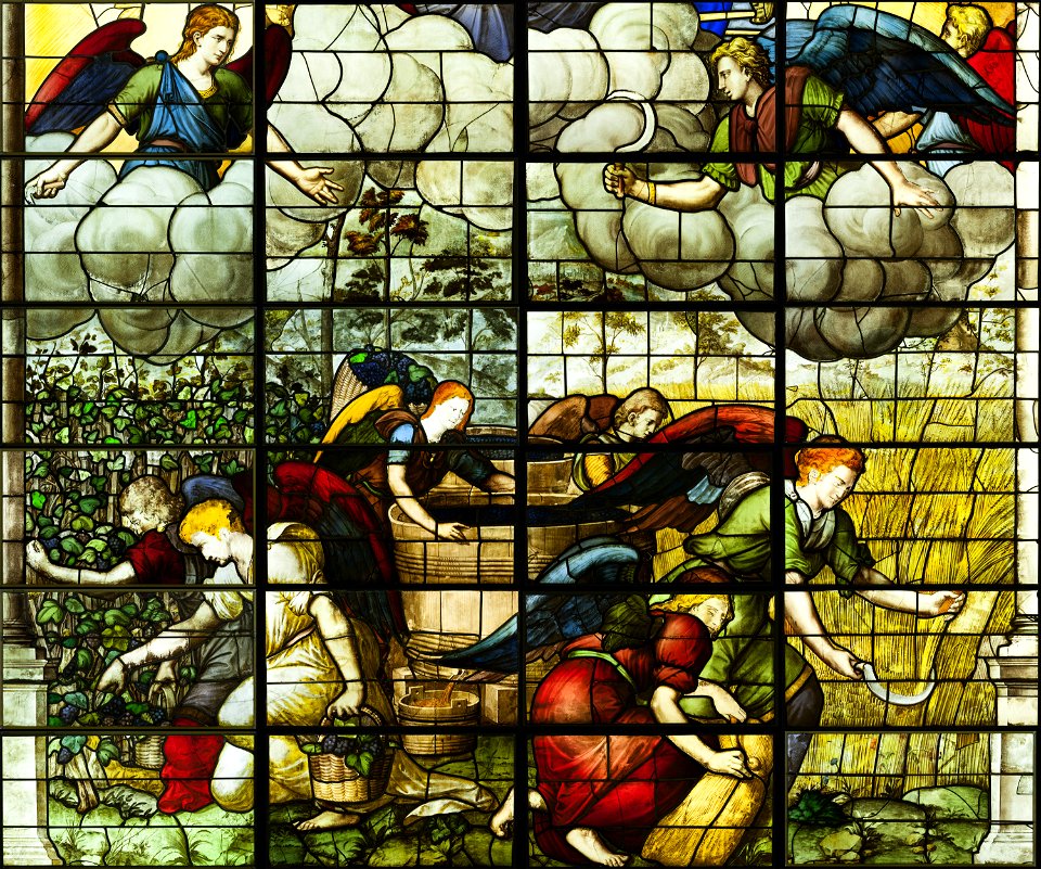 Saint-Chapelle de Vincennes - Baie 6 - Vendanges et moissons faites par les anges, détail des anges dans les nuées et sur terre (bgw17 0680)