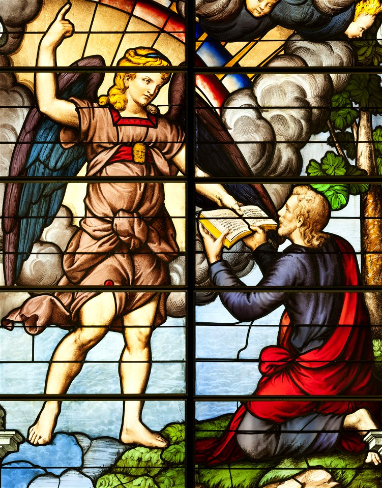Saint-Chapelle de Vincennes - Baie 3 - L'apparition de l'ange à saint Jean, détail de l'ange et de saint Jean (bgw17 0815)