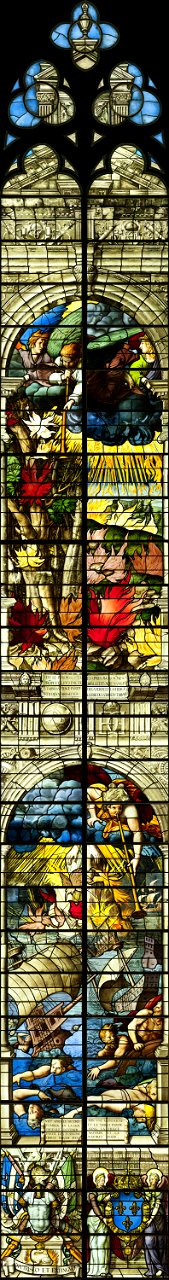 Saint-Chapelle de Vincennes - Baie 2 - L'incendie des arbres et des plantes, La mer changée en sang, un trophée d'armes et des anges présentant les armes de France (bgw17 0428)