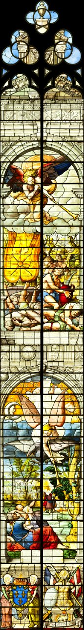 Saint-Chapelle de Vincennes - Baie 1 - L'amertume des eaux, L'obscurcissement des astres, anges présentant les armes de France et un Trophée d'armes (bgw17 0737)