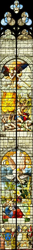 Saint-Chapelle de Vincennes - Baie 1 - L'amertume des eaux, L'obscurcissement des astres, anges présentant les armes de France et un Trophée d'armes (bgw17 0737)
