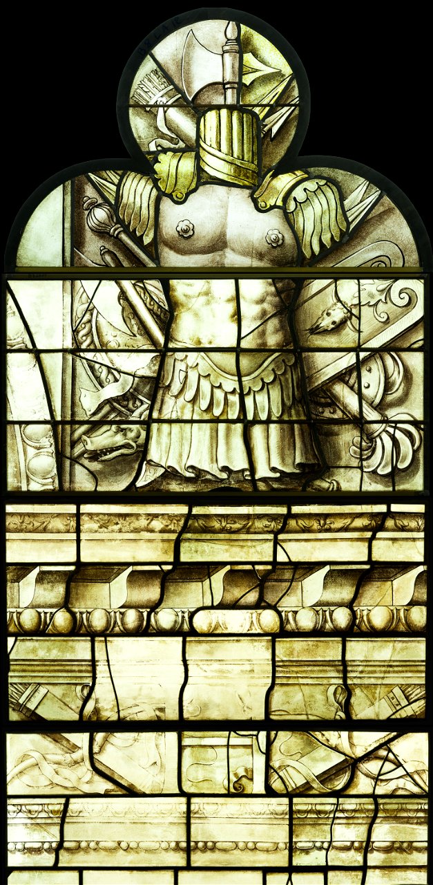 Saint-Chapelle de Vincennes - Baie 6 - Trophée d'armes et décor d'architecture (bgw17 0683)