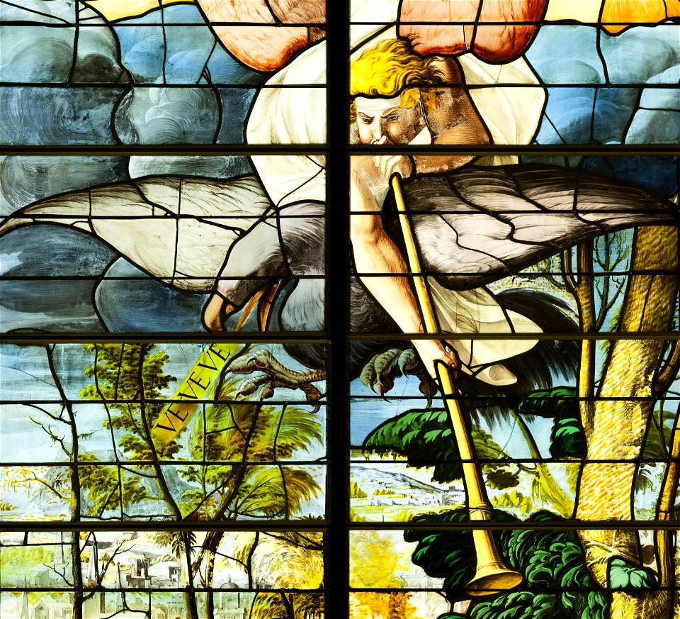 Saint-Chapelle de Vincennes - Baie 1 - L'obscurcissement des astres, détail de l'ange et de l'aigle (bgw17 0749)