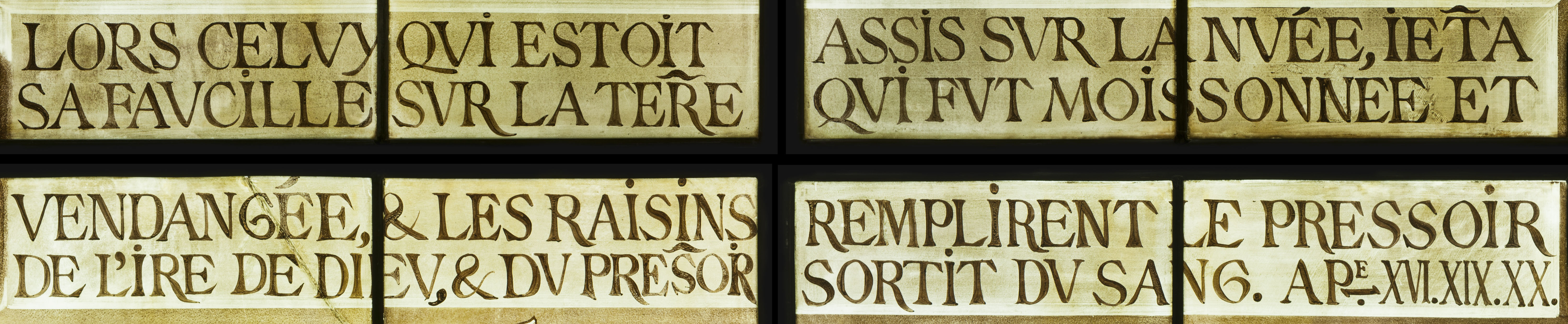 Saint-Chapelle de Vincennes - Baie 6 - Texte de la onzième vision de l'Apocalypse - les vendanges et moissons faites par les anges (bgw17 0688)