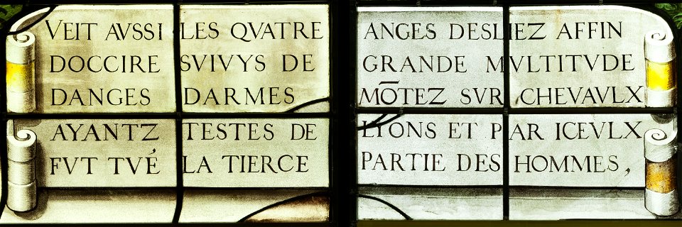 Saint-Chapelle de Vincennes - Baie 0 - Texte de la huitième vision de l'Apocalypse - les anges exterminateurs (bgw17 0373)