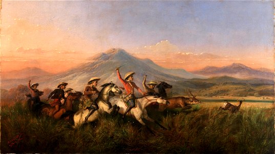 Raden Saleh - Six Horsemen Chasing Deer, 1860. Free illustration for personal and commercial use.