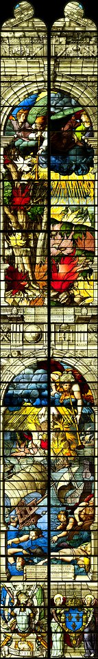 Saint-Chapelle de Vincennes - Baie 2 - L'incendie des arbres et des plantes, La mer changée en sang, un trophée d'armes et des anges présentant les armes de France (bgw17 0430)
