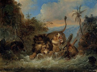 Raden Sarief Bustaman Saleh - A lion and lioness attacking a crocodile (1840)